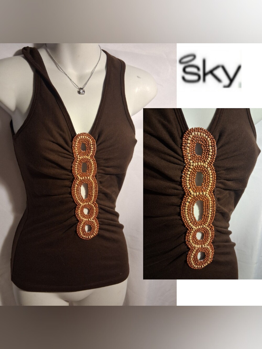 Sky Tank Top w/ beaded center.  Sz Med